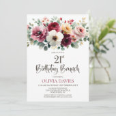 ワインレッドの花模様の21歳の誕生日ブランチ 招待状 (スタンド正面)