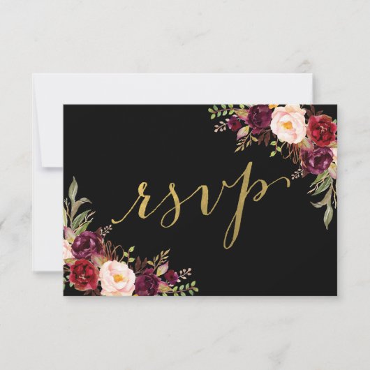 ワインレッドの花模様 ブラック 偽ゴールド箔 結婚式出欠確認 招待状 (正面)