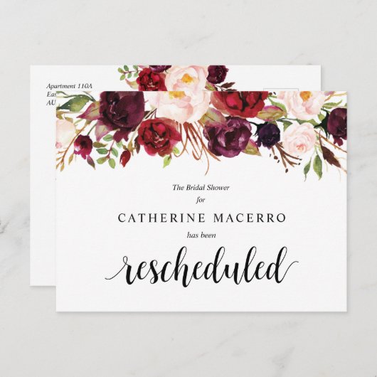 ワインレッドの花模様、ブラック、結婚前お祝い延期 ポストカード (正面/裏面)