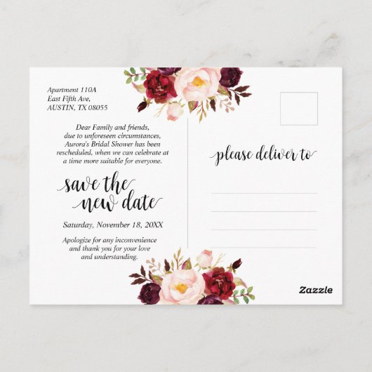 ワインレッドの花模様、ブラック、結婚前お祝い延期 ポストカード (裏面)