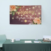 ワインレッドの花飾り付きストリングライト ウェディングバナー 横断幕 (トレードショー)