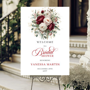ワインレッドの花 グリーン ゴールド ウェルカムサイン 結婚式 ポスター