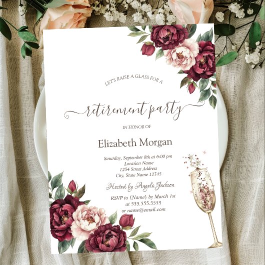 ワインレッドの花、シャンパングラスの退職 招待状