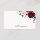 ワインレッドの花、ピンクの花、グリーン、ウェディング プレイスカード (正面)