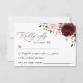 ワインレッドの花、ピンクの花、グリーン、ウェディング 出欠カード (正面)