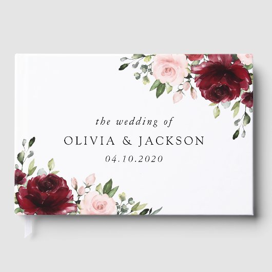 ワインレッドの花、ピンクの花、グリーン、結婚式 ゲストブック (正面)