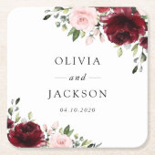 ワインレッドの花、ピンクの花、グリーン、結婚式 スクエアペーパーコースター (正面)