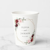 ワインレッドの花、ピンクの花、グリーン、結婚式 紙コップ (裏面)