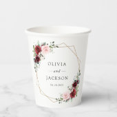 ワインレッドの花、ピンクの花、グリーン、結婚式 紙コップ (正面)