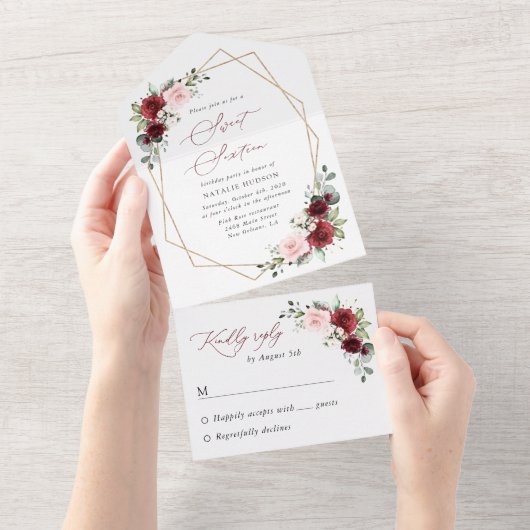 ワインレッドの花、ピンクの花、スイート16 オールインワン招待状 (貼ってはがせる)