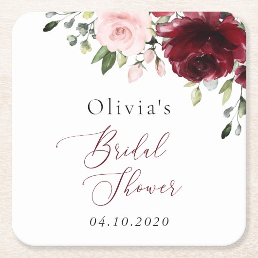 ワインレッドの花、ピンクの花、ブライズシャワー スクエアペーパーコースター (正面)
