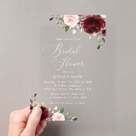 ワインレッドの花、ピンクの花、結婚前のお祝い アクリル招待状