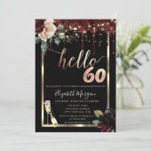 ワインレッドの花、フレーム、シャンパン 60歳の誕生日 招待状 (スタンド正面)