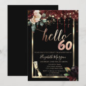 ワインレッドの花、フレーム、シャンパン 60歳の誕生日 招待状 (正面/裏面)