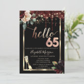 ワインレッドの花、フレーム、シャンパン 65歳の誕生日 招待状 (スタンド正面)