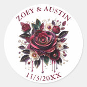ワインレッドの花、葉、パールのオーダーメイド ラウンドシール (正面)