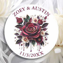 ワインレッドの花、葉、パールのオーダーメイド ラウンドシール