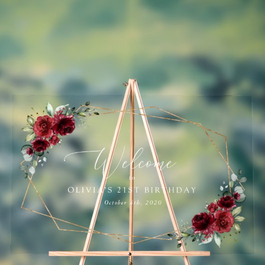 ワインレッドの花、赤い花、誕生日ウェルカム アクリルサイン (ニュートラル)