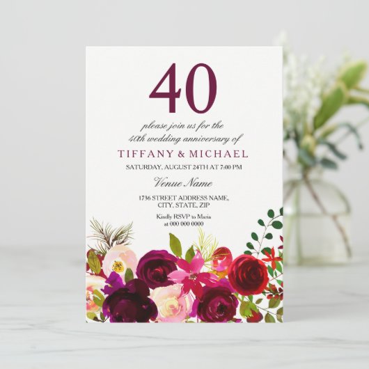 ワインレッドの花 40周年結婚記念日招待状 招待状 (スタンド正面)