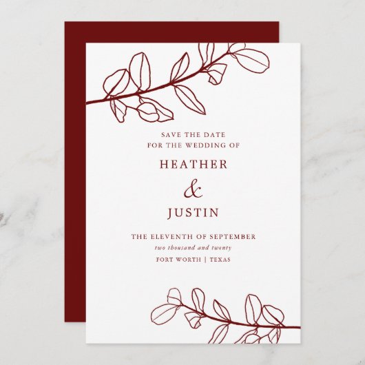 ワインレッドの葉のモダンな結婚式の延期を知らせるカード 招待状 (正面/裏面)