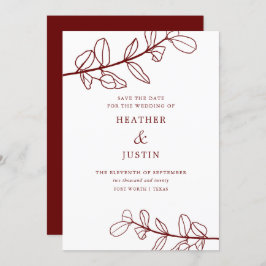 ワインレッドの葉のモダンな結婚式の延期を知らせるカード 招待状