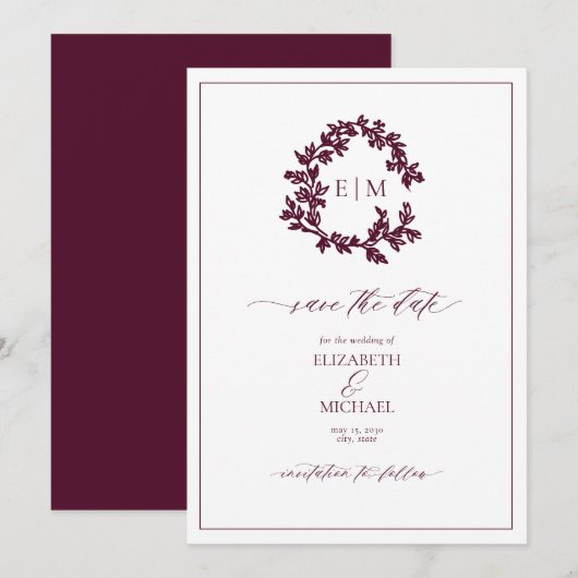 ワインレッドの葉の装飾のイニシャル　結婚式の日時おたより 招待状 (正面/裏面)