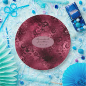 ワインレッドの豪華な箔グリッター ダマスク ウェディング ペーパープレート (パーティー)