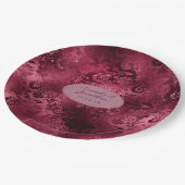 ワインレッドの豪華な箔グリッター ダマスク ウェディング ペーパープレート (アングル)