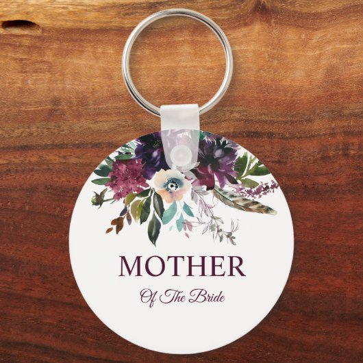 ワインレッドの豪華な花の白い母のドレス キーホルダー (正面)
