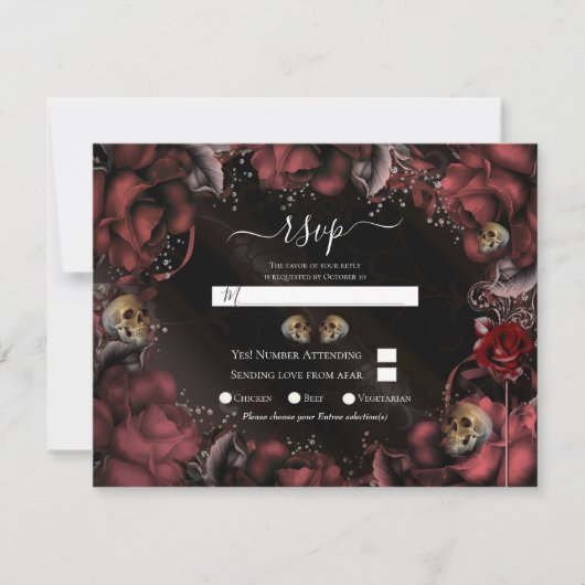 ワインレッドの錆びたバラとドクロの結婚式RSVP 招待状 (正面)