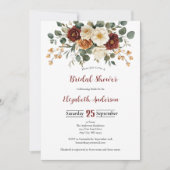 ワインレッドの錆色のクリーム色の花のブライダルシャワー 招待状 (正面)