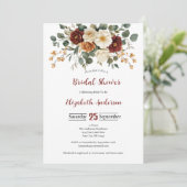 ワインレッドの錆色のクリーム色の花のブライダルシャワー 招待状 (スタンド正面)