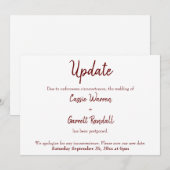 ワインレッドの「更新」延期結婚式カード 招待状 (正面/裏面)