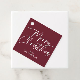 ワインレッドの「Merry Christmas」スクリプト フェイバータグ