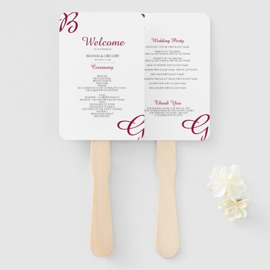 ワインレッドイニシャルオータムフォールウェディングプログラム ハンドファン (正面&裏面)