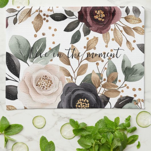 ワインレッドクリームブラックフラワル キッチンタオル (折り畳み)