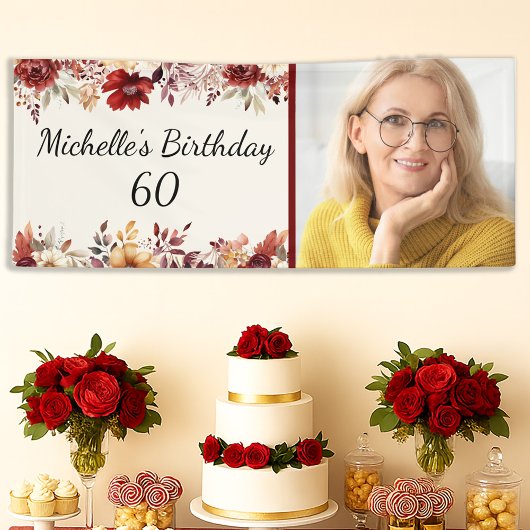 ワインレッドクリーム水彩フラワー60歳の誕生日 横断幕