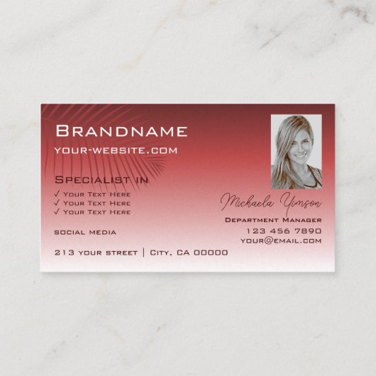 ワインレッドグラディエントのパームリーフロゴと写真モダン 名刺 (裏面)