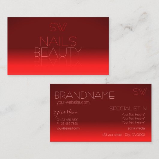 ワインレッドグラディエントシック鏡フォントとモノグラム 名刺 (正面/裏面)