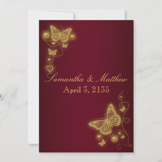ワインレッドゴールドの結婚式蝶テーマ 招待状 (正面)