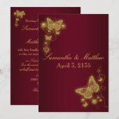 ワインレッドゴールドの結婚式蝶テーマ 招待状 (正面/裏面)