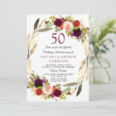 ワインレッドゴールドの花輪 50周年結婚記念日 招待状 (スタンド正面)