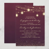 ワインレッドゴールドストリングライトエンゲージメントパーティー 招待状 (正面/裏面)