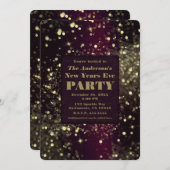 ワインレッドゴールドスパークリングライト新年会パーティー 招待状 (正面/裏面)