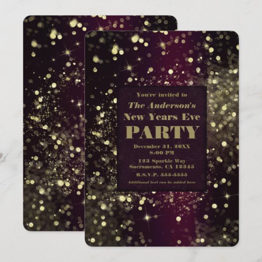 ワインレッドゴールドスパークリング ライト ニューミレニアムイブパーティ 招待状 (正面/裏面)