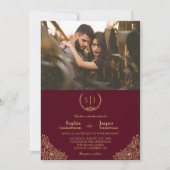 ワインレッドゴールドフラワーイニシャルフォーマル写真ウェディング 招待状 (正面)