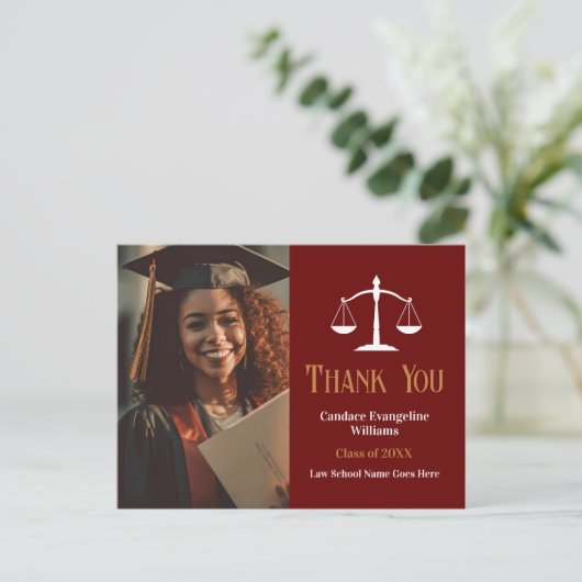 ワインレッドゴールド法科大学院卒業写真ありがとうございます ポストカード (スタンド正面)