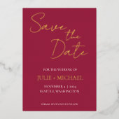 ワインレッドシンプルスタイルウェディング日付を保存 箔招待状 (正面)