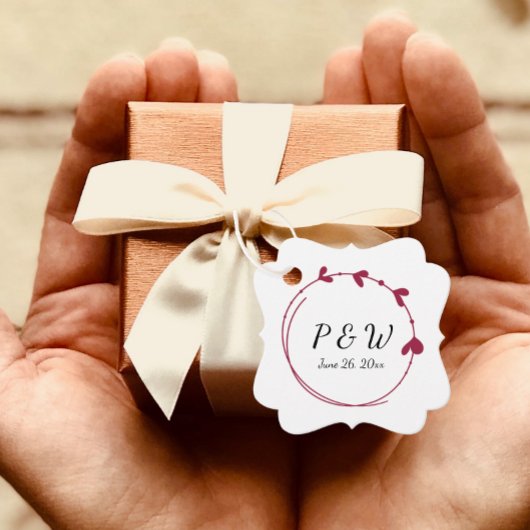 ワインレッドシンプルハートリースモノグラム結婚ズ フェイバータグ