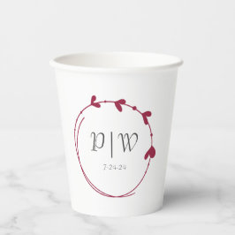 ワインレッドシンプルハートリースモノグラム結婚ズ 紙コップ
